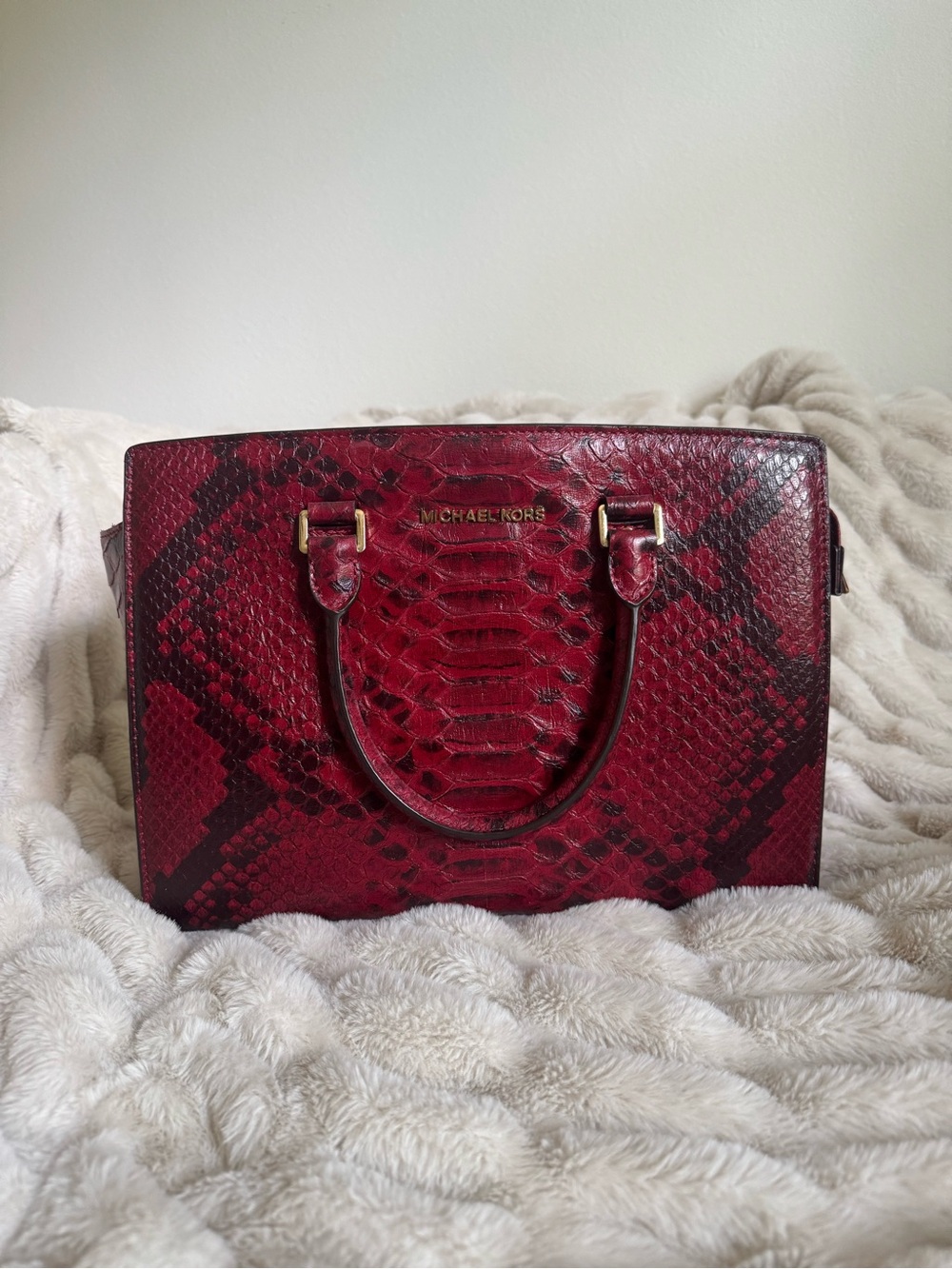 Michael Kors Burgundy Snake-Embossed Satchel with Gold Tone Hardware
